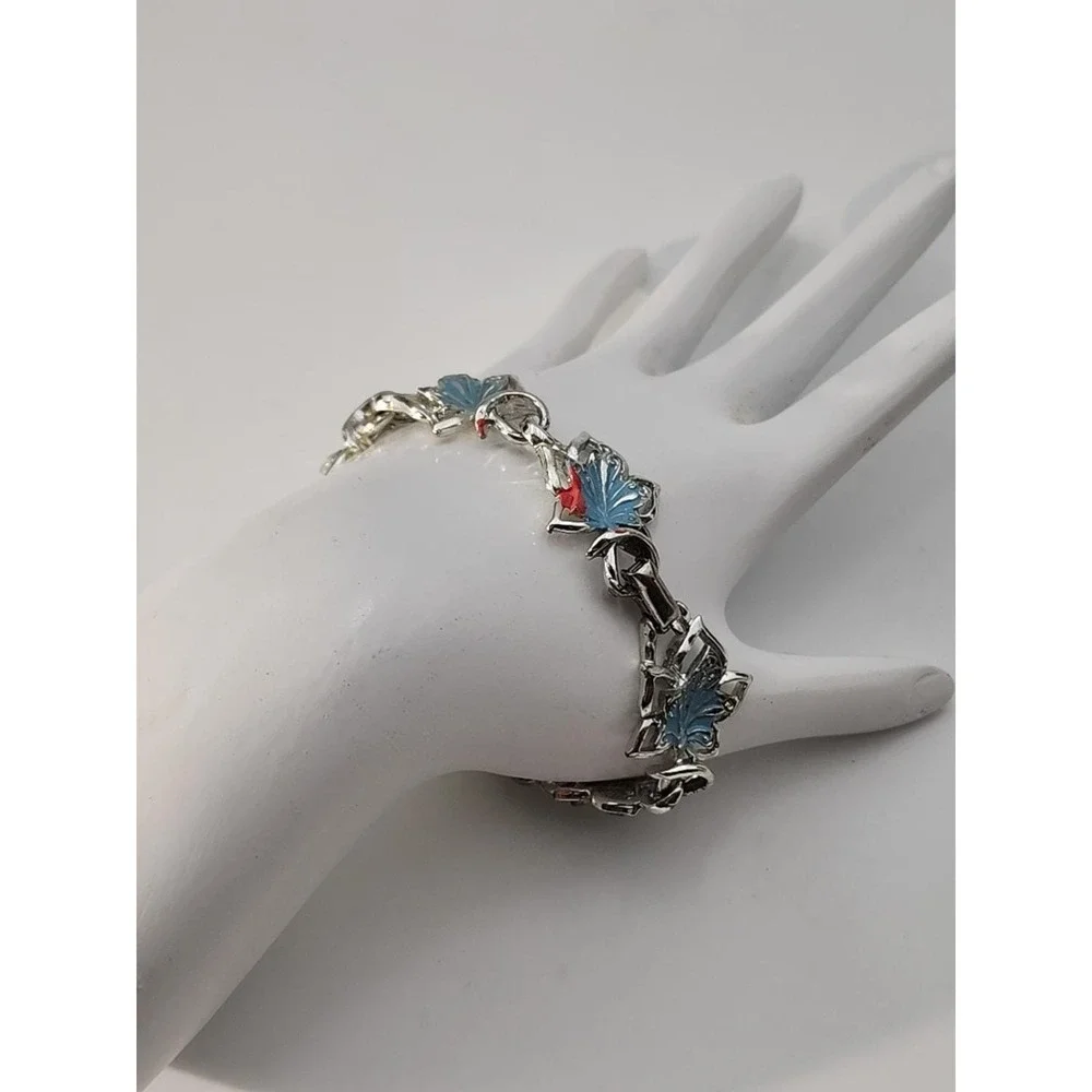 Vintage‎ Signed Coro Silver Tone Enamel Light Blue Leaves Charm 6.5